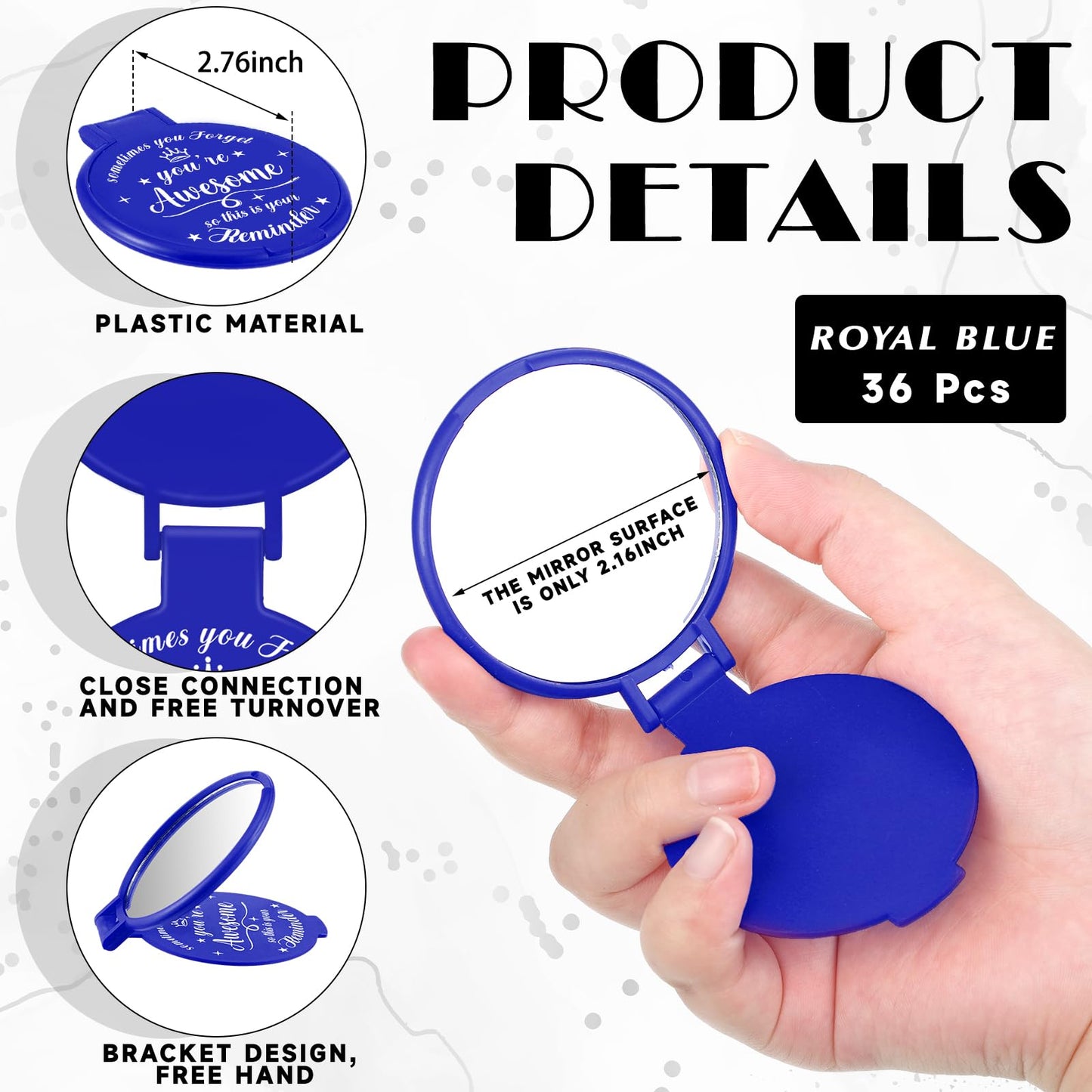 Gulfmew 36 Pcs 2.76 Inch Inspirational Compact Mirror Bulk Women Small Gifts Graduation Mothers Day Party Favors Purse Mirror Pocket Mini Items for Adult Coworker Cheerleader Swag Bag (Blue)