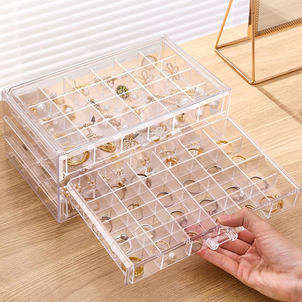 CLUQMEIK Earring Organizer Box Clear Storage Acrylic for Earrings Necklace Organizer Jewelry Box with 72 Grids Storage Compartments Transparent Ring Clear Jewelry Organizer