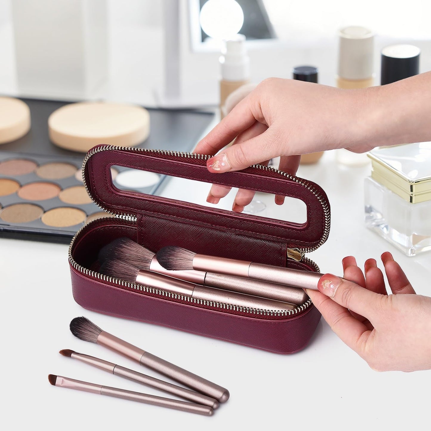 LOFOWN Travel Makeup Set Waterproof Transparent Cosmetic Bag and Toiletry Bag Makeup Brush case with Zipper Car Essentials for Women (Burgundy, L+M+SLIM)