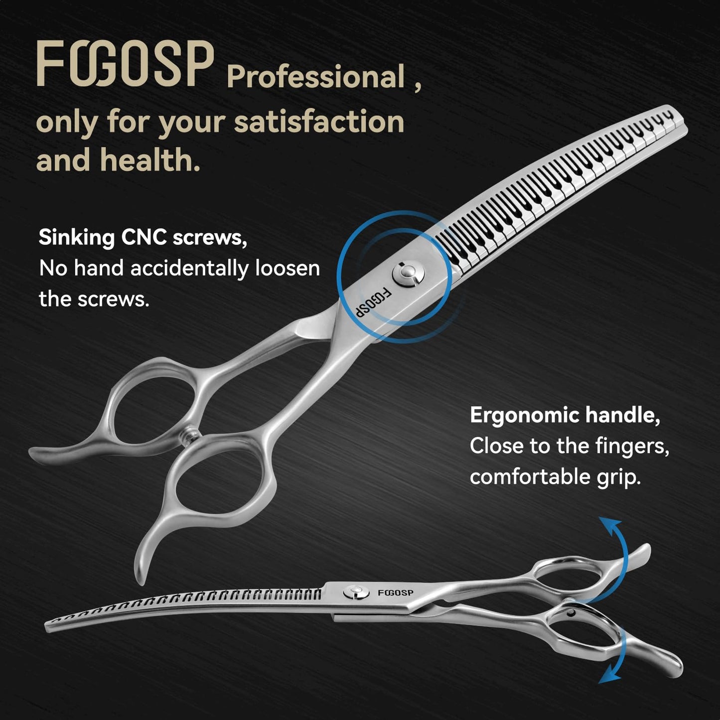 FOGOSP Save-effort Curved Chunkers Dog Grooming Scissors 7in Gradual tooth width Thinning Shears for Dogs Pet Cat Light Cutting Feel 23 Tooth 70% Thinning Rate Japan 440C