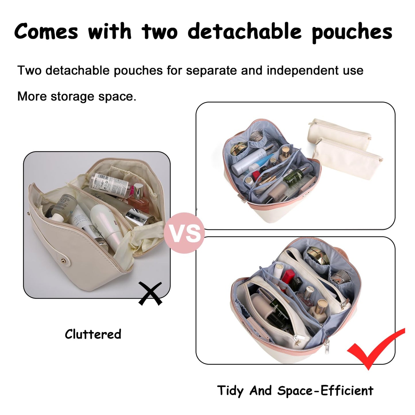 BOYATU Travel Makeup Bag Organizer Cosmetic Bag: 3 Pcs Set Make up Bags for Women with Handle - Waterproof Vegan Leather Toiletry Bags Travel Essentials Pouch with Compartments (A-08-White)