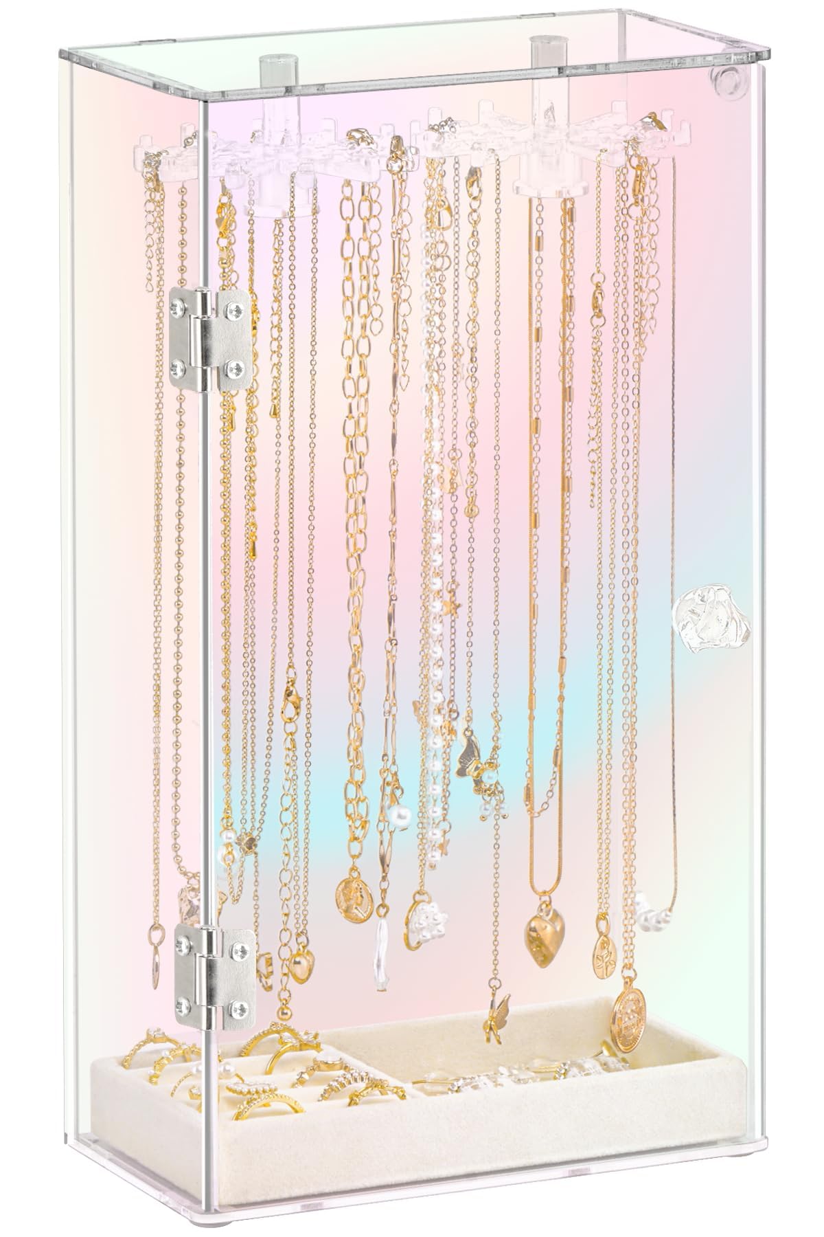 Cirhy Iridescent Acrylic Necklace Holder, Necklace Organizer with 24 Rotatable Hooks, Rainbow Jewelry Organizer Display Box with Velvet Tray for Long Necklaces Pendant Bracelets Rings Earrings
