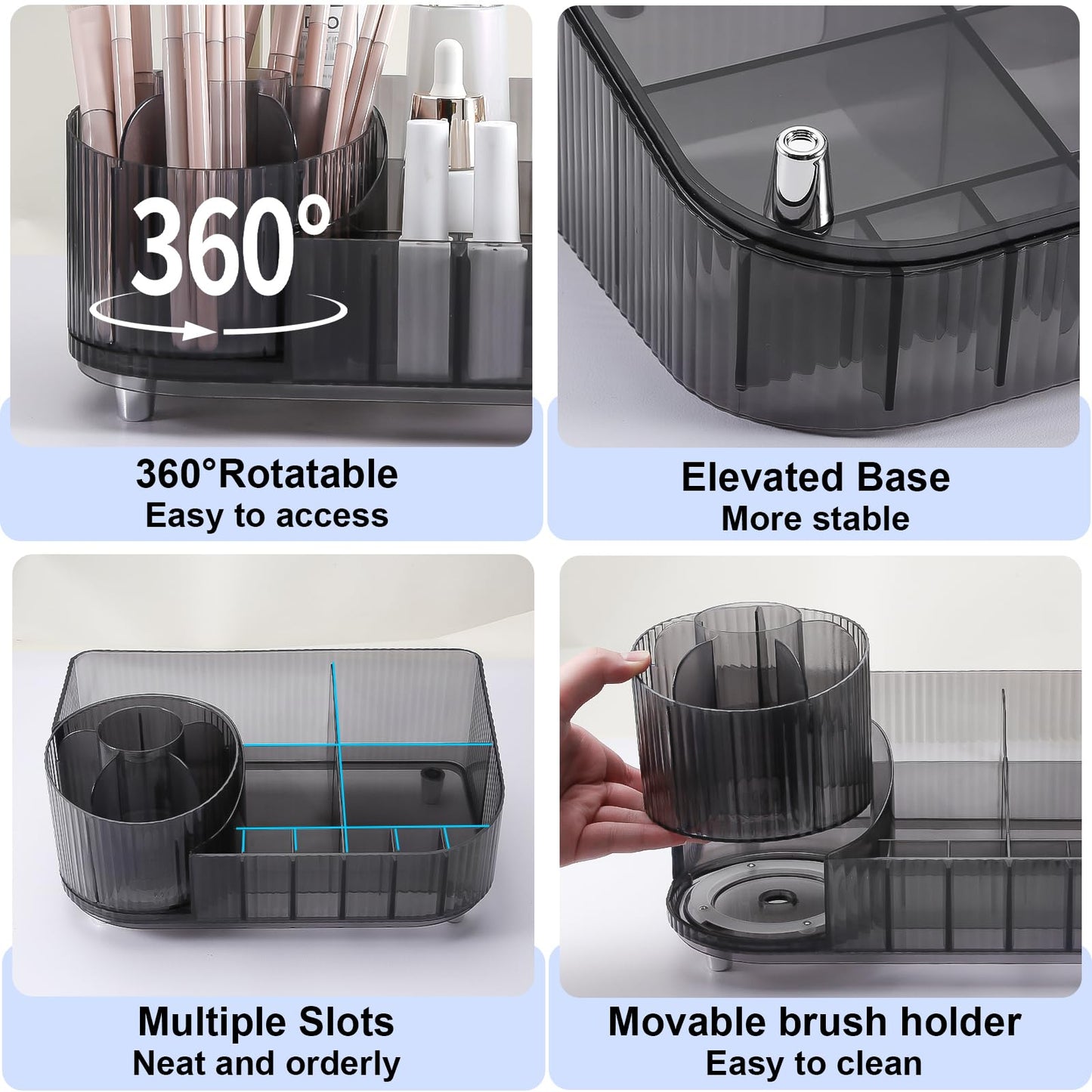 DASITON Large Capacity Makeup Organizer with 360° Rotating Makeup Brush Holder, Multi-Compartment Skincare and Cosmetic Storage for Vanity, Bathroom Countertop, Dresser, Desktop Storage Box (Gray)