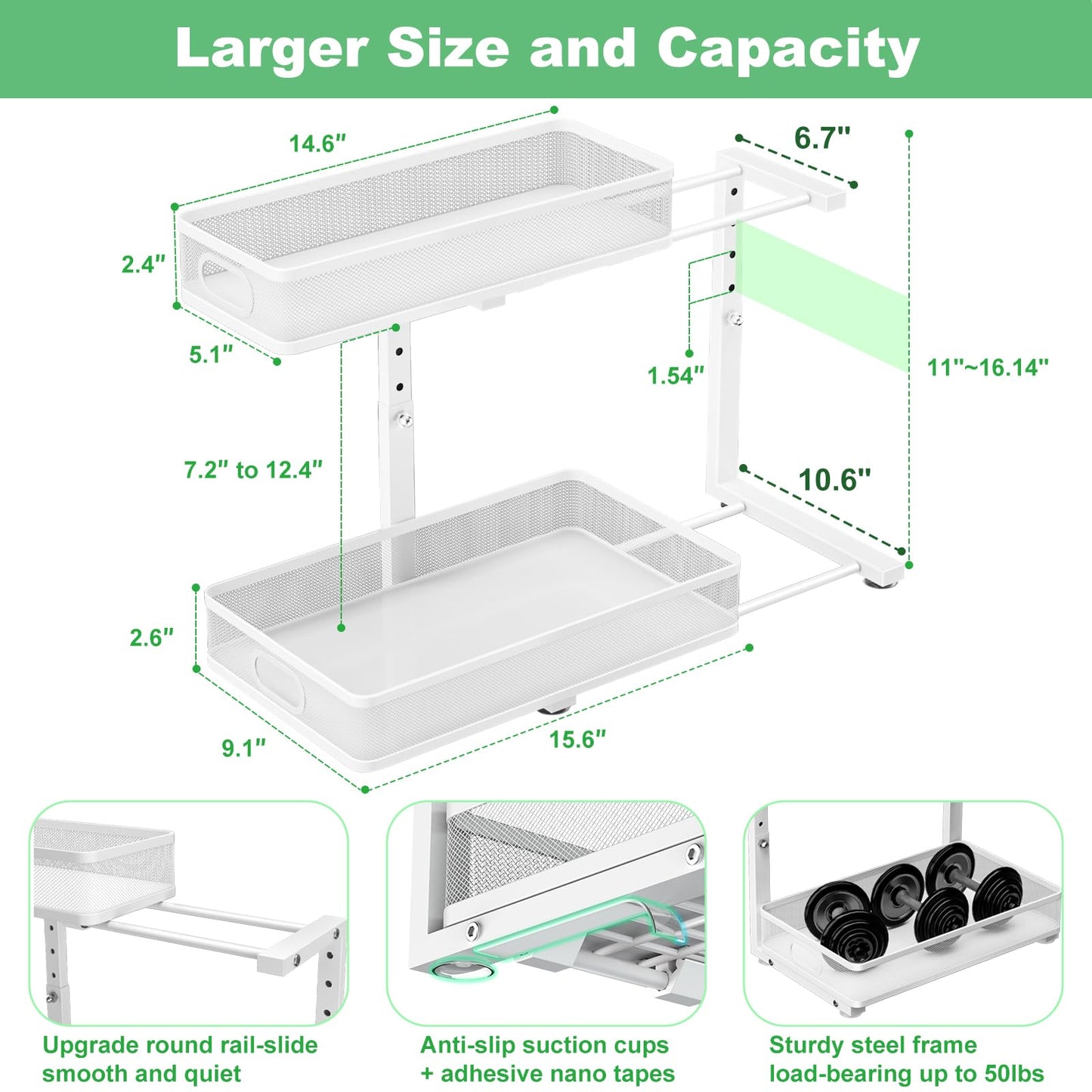 Dolesman Under Sink Organizer, High Adjustable 2 Tier Under Sink Organizers and Storage, Slide out Metal Cabinet Organizers, Pull out Storage Drawer Shelf for Kitchen Bathroom Cabinet (1, White)
