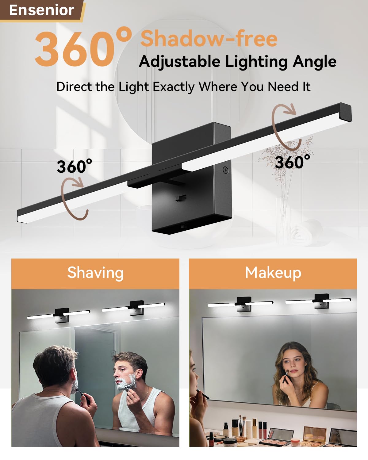 Ensenior Modern Bathroom Vanity Light 24 inch, Built-in Dimmer, 14W Dimmable 5CCT Led Bath Lights, Black Bar Vanity Light for Bathroom Mirror Cabinets Bedroom-FCC & ETL Certificated