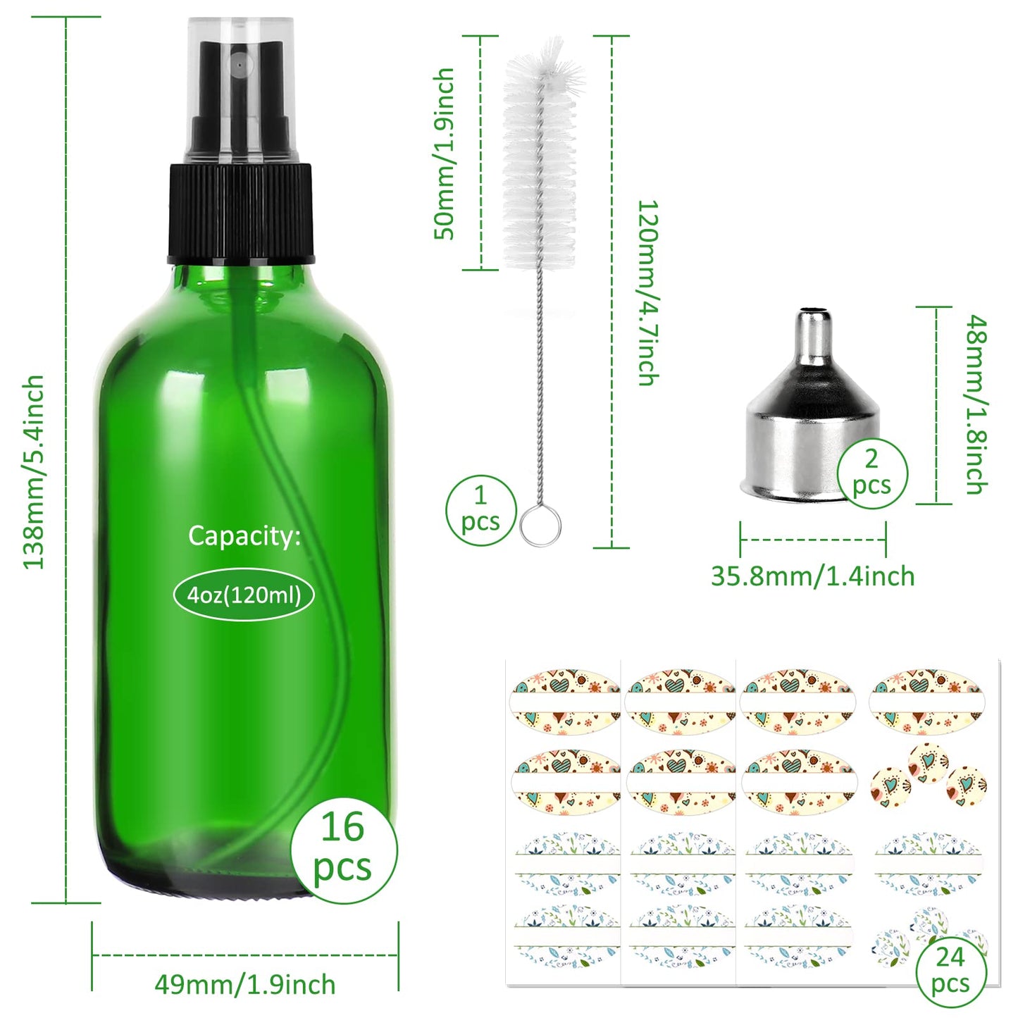 CycleMore 120ml 16 Pack 4oz Green Glass Spray Bottles with Fine Mist Sprayers, Glass Travel Bottles for Cosmetic, Essential Oils, Cleaning Solutions, Perfumes & More Liquids Ideal for Friends