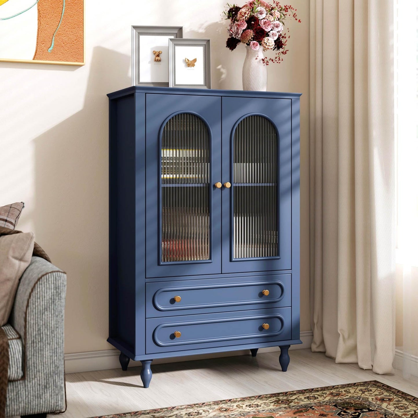 46.5'' Tall Buffet Cabinet with Arched Fluted Glass Doors and Drawers,Modern Accent Cabinet with Solid Wood Legs,Wooden Storage Cabinets for Living Room,Dining Room Hallway Entryway,Navy Blue