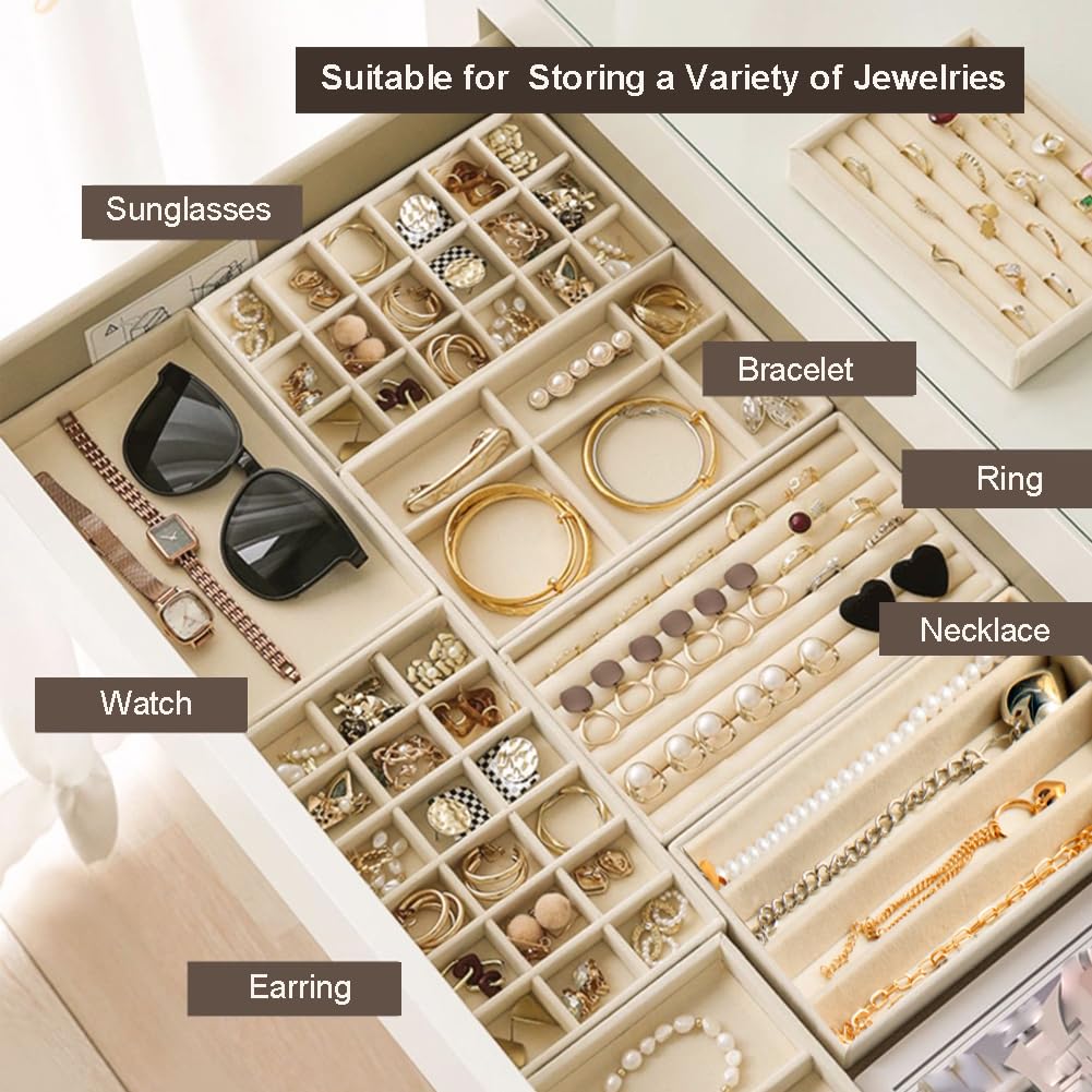 SPAKOWN Jewelry Organizer for Drawer, Adjustable Velvet Jewelry Tray, Stackable Necklace Organizer Earring Holder Organizer Ring Tray Jewelry Storage Display Drawer Inserts Set of 9 (Beige)