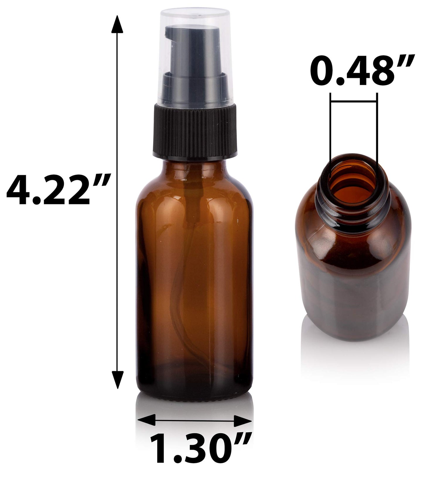 JUVITUS 1 oz / 30 ml Amber Glass Boston Round Bottle with Black Treatment Pump (12 pack) + Funnel Refillable Empty Storage Containers