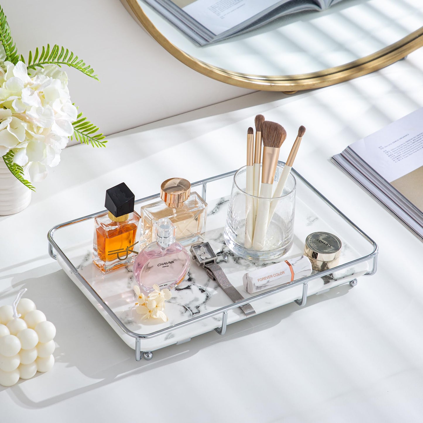 Dobbyby Vanity Tray Makeup Organizer Cosmetics Storage Bathroom Skincare Organizer Countertop Display Rack in Dresser Stainless Steel Shelf Marble Print Ceramic Trays