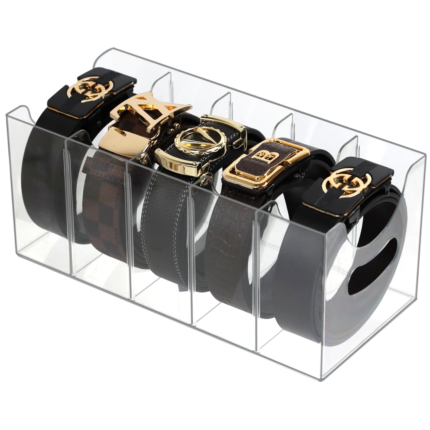 ZEXALOR Acrylic Belt Organizer, Belt Storage Holder Purse Organizer for Closet, 5 Compartments Clear Plastic Display Case Pantry Kitchen Cabinet Organizers and Storage Seasoning Organizer