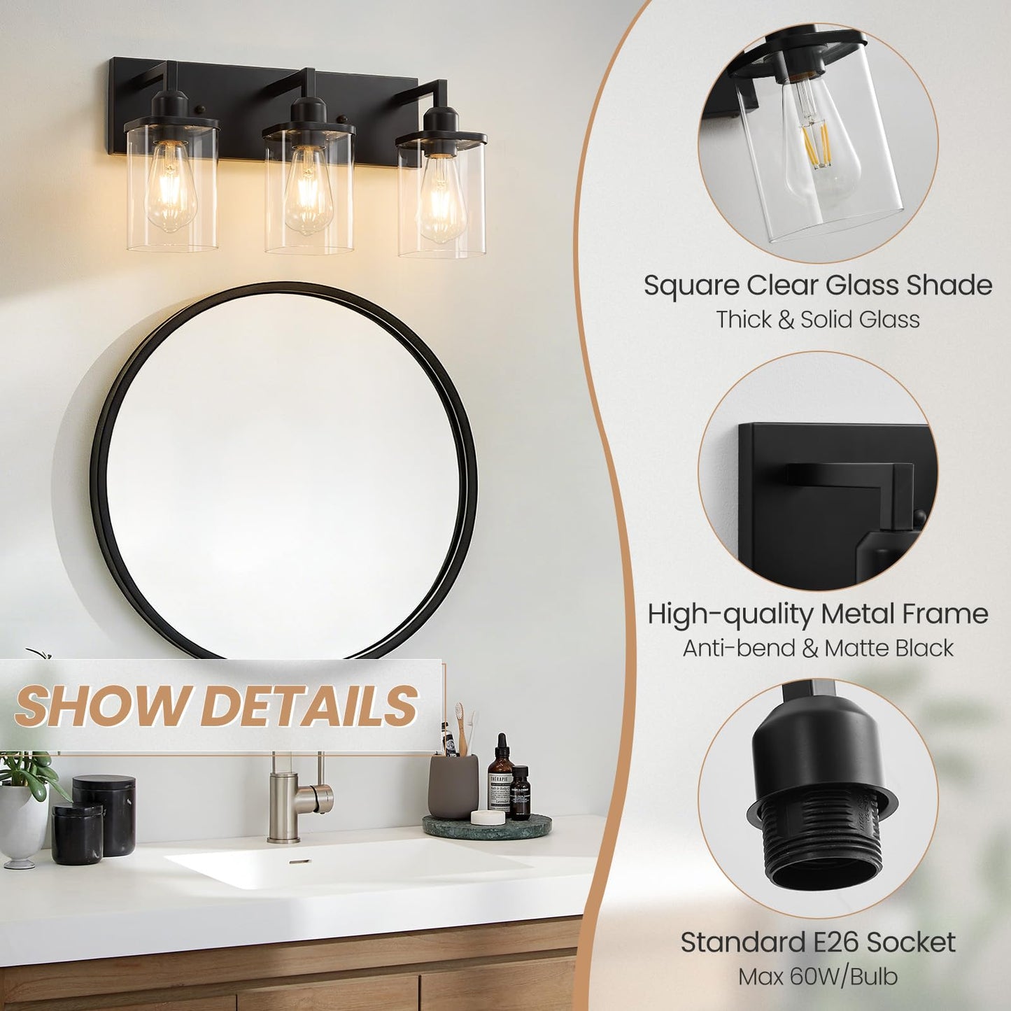Ablwigh 3-Light Bathroom Vanity Light Fixtures, Modern Matte Black Bathroom Lighting Fixtures Over Mirror with Square Clear Glass Shades, Bath Wall Sconce Lights for Dressing Table, Bedroom, Hallway
