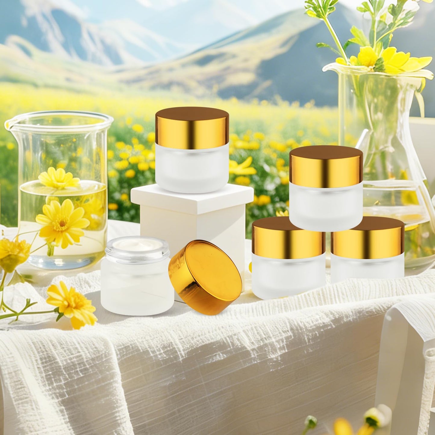 24 Pcs Frosted Glass Jars Refillable Cosmetic Containers Empty Round Storage with Gold Color Lids for Eye Cream Lotion Spice Powder Liquid Sample Make Up - 10g/0.34oz