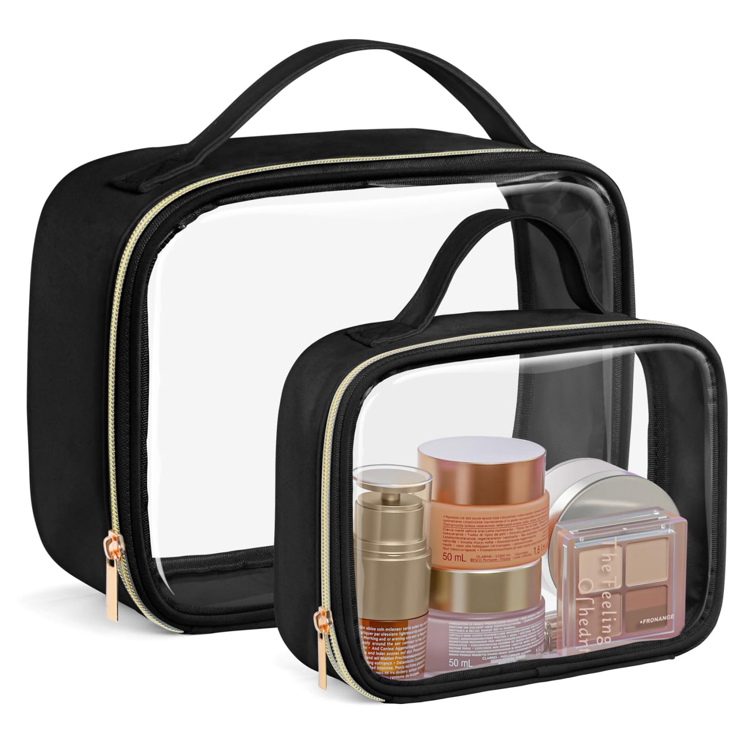 PACKISM Clear Makeup Bag Combo Pack, 1 TSA Approved Medium & Large for Checked Luggage, Clear Toiletry Bag with Handle, Water-resistant Travel Essentials Organizer, Black