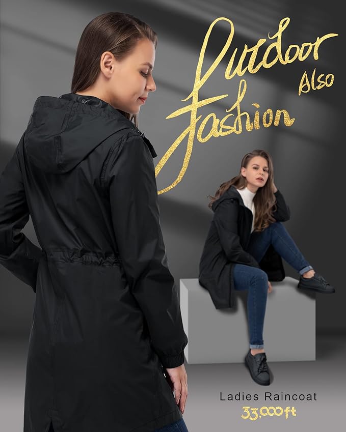 33,000ft Women's Waterproof Long Rain Coats Packable Rain Jacket with Hood Trench Coats Windbreaker