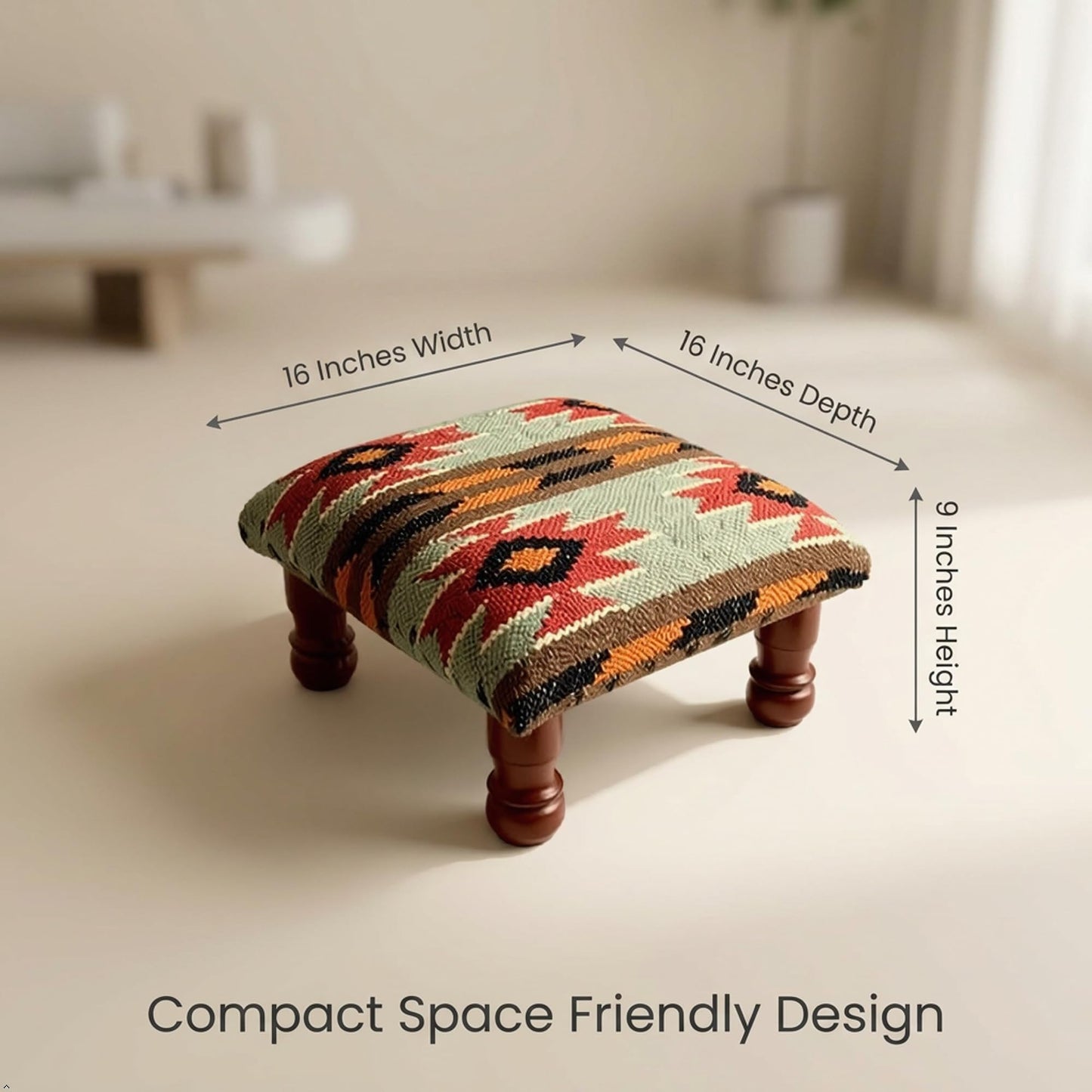Sanwariya Rugs Kilim Upholstered Ottoman Foot Bench Acacia Wood Tribal Pattern