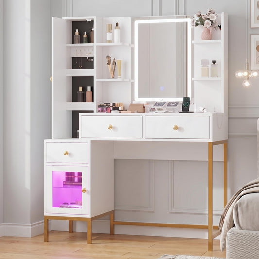 Garvee Vanity Desk with Mirror and Lights, Makeup Vanity with Jewelry Storage Cabinet & Charging Station, LED Lighted Makeup Table with Divided Drawers for Bedroom, White