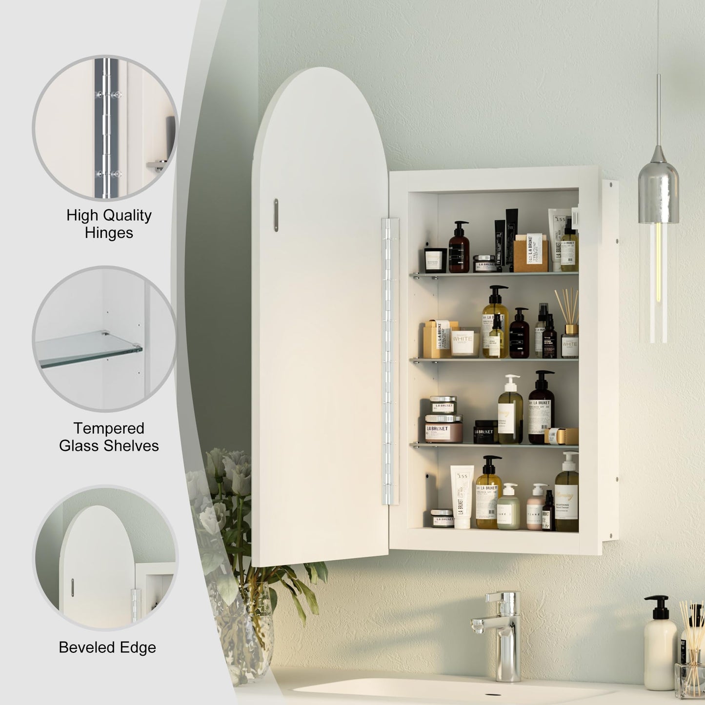 Mepplzian Beveled Edge Arched Recessed Medicine Cabinet with Mirror,Frameless Arched Mirror Medicine Cabinet for Bathroom,Mirrored Cabinets for Bathroom Wall Cabinet with 3 Glass Shelves,16x31