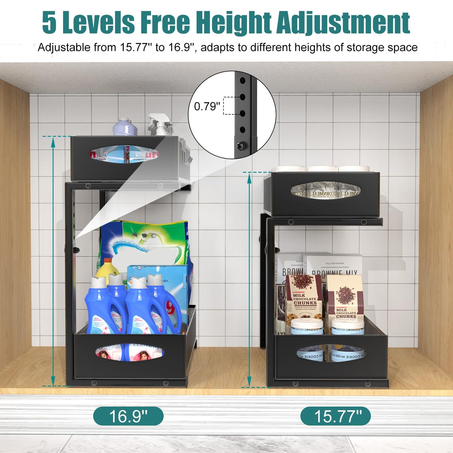 Housolution 2 Pack Under Sink Organizer, 2 Tier Metal Pull Out Under Sink Storage with Sliding Mesh Drawers, Height Adjustable Slide Out Under Sink Organizer for Kitchen Bathroom Cabinet, Black
