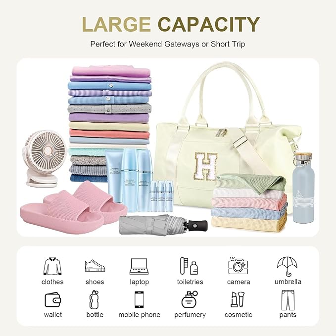 Dance Gym Duffel Bag for Teen Girls, Personalized Initial Travel Weekender Bag,Cute Overnight Carry On Duffle for Women,Sports Travel Cheer Bag,Monogram Christmas Gifts for Tween Preppy(beige-H)