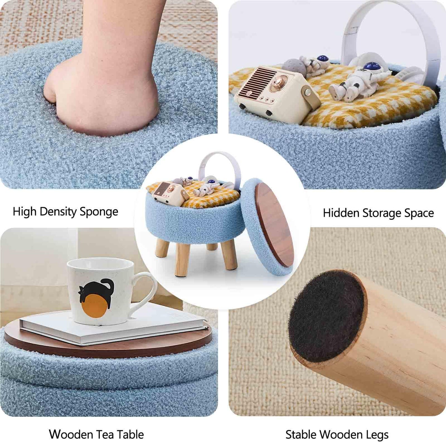 Wimarsbon Storage Ottoman, Modern Round Footrest with Soft Padded Seat, Teddy Velvet Footstool with Wood Legs, Accent Small Table or Plant Stand for Hallway, Living Room (Blue)