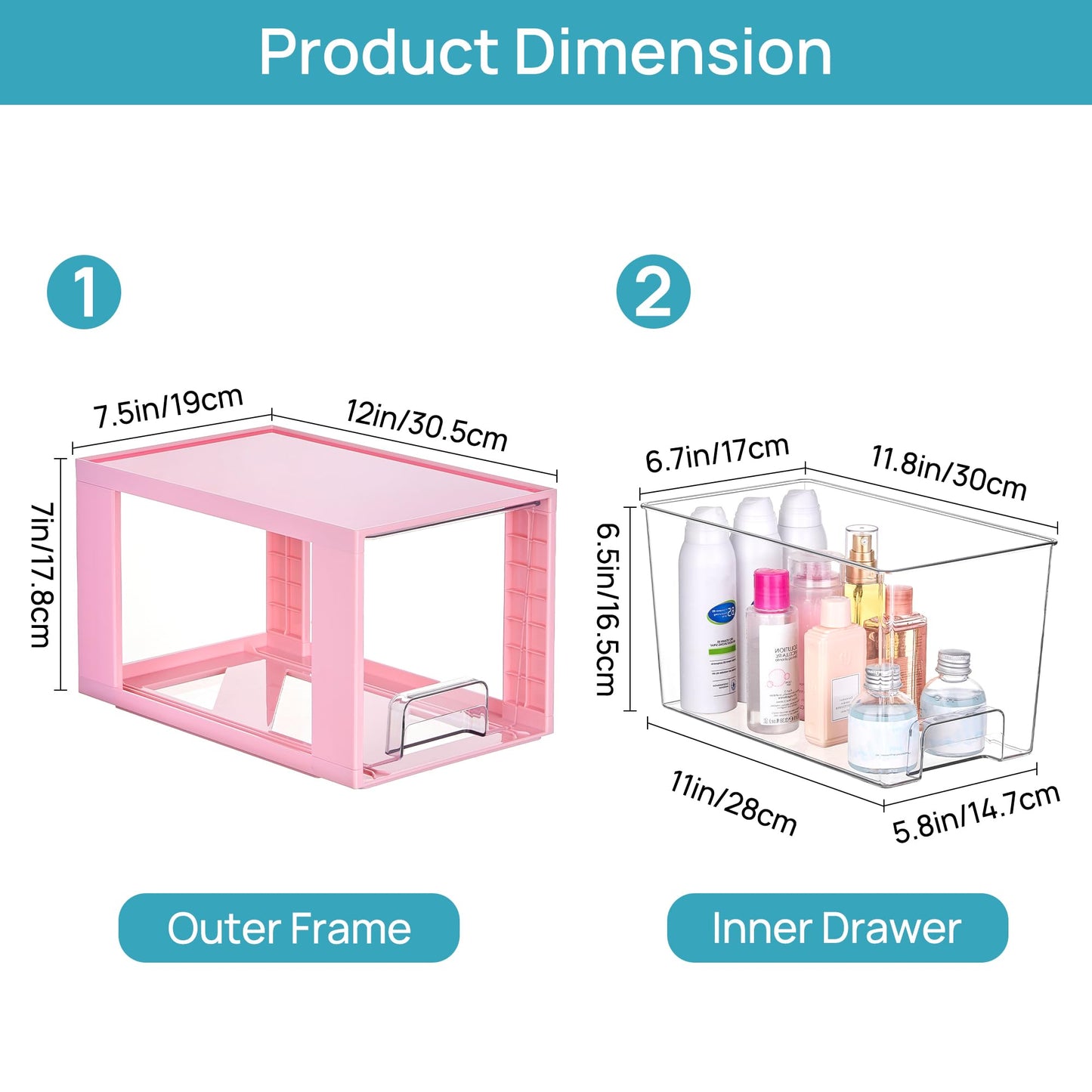 Vtopmart 4 Pack Large Stackable Storage Drawers,Pink,Easily Assemble Acrylic Bathroom Closet Undersink Organizers and Storage,Plastic Bins for Kitchen Cabinets,Pantry,Makeup,Medicine Organization