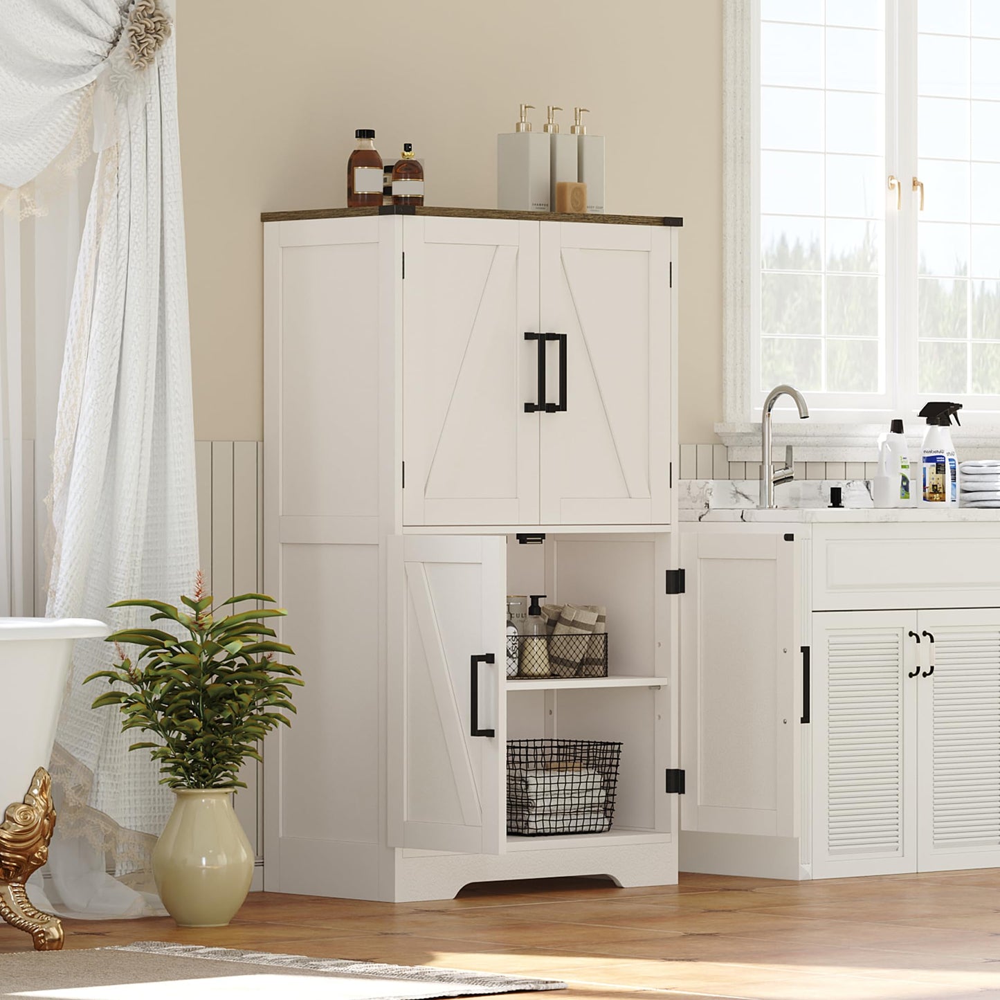 Treocho Narrow Bathroom Floor Cabinet, Farmhouse Bathroom Storage Cabinet with Doors and Adjustable Shelves, Freestanding Kitchen Pantry Cabinet, Cupboard for Living Room, Dining Room, White