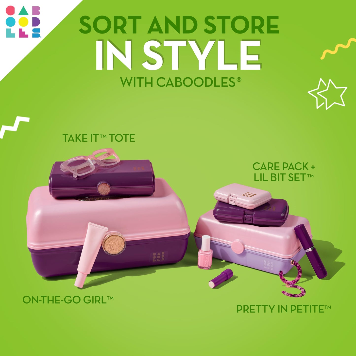 Caboodles On-The-Go Girl Makeup Box, Two-Tone Pink on Neon Green, Hard Plastic Makeup Organizer Box, Built-In Mirror, Secure Latch for Safe Travel, Spacious Storage for Large Items