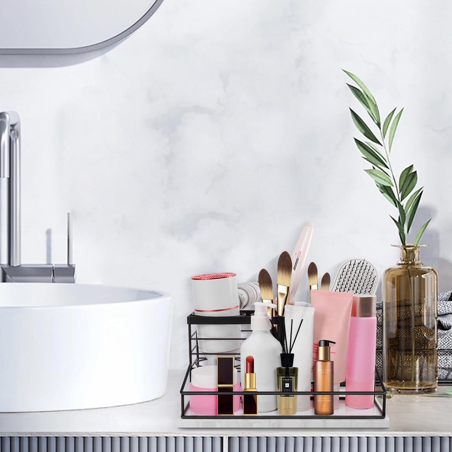 Siyzda Hair Tool Organizer, Movable Hair Dryer Holder, Hair Styling Tools Storage for Vanity, Bath Counter Organizer, Bathroom Trays for Hair Toiletry, Makeup (12" x 7.7" x 5.8", Marble-Black)