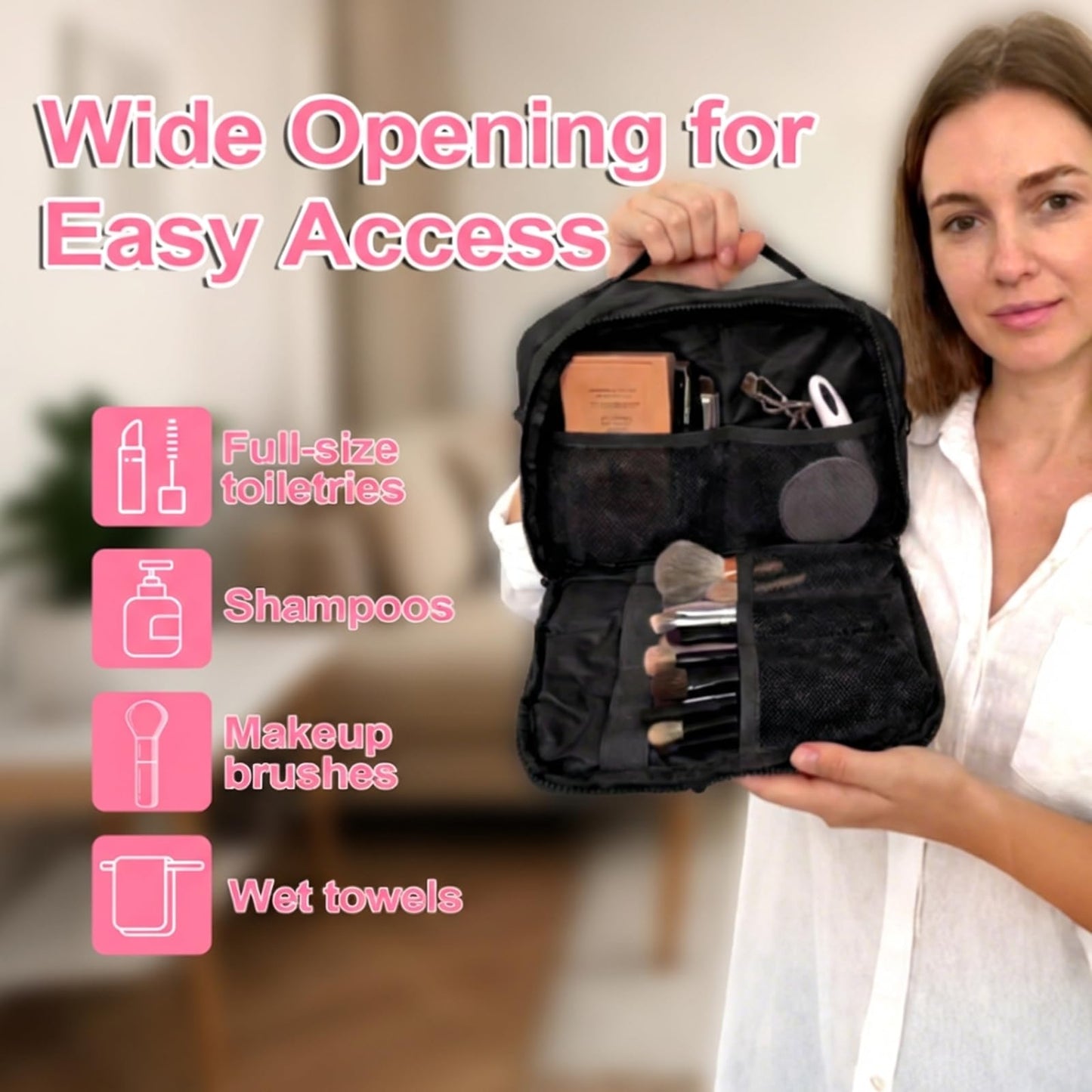 Travel Toiletry Bag, Large Wide-open Travel Bag for Women with 1 Toiletries Travel Bottles, 3 Portable Toothbrush Cases, Makeup Bag Organizer with Handle for Accessories,Essentials, Toiletries, Black