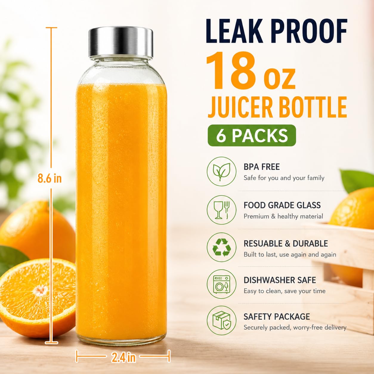 Zukro Glass Juice Bottles with Lids 18 oz, Leak Proof Reusable Clear Glass Bottle with Stainless Steel Airtight Cap for Juicing, Water, Smoothie, Homemade Beverage, Fridge Safe, BPA Free, Set of 6