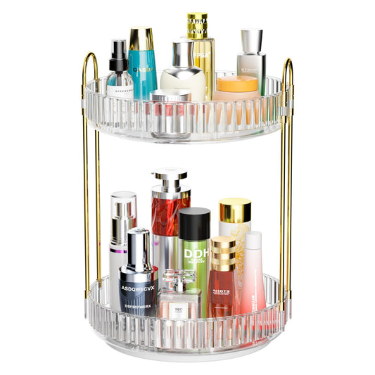 GTI 360°Rotating Makeup Organizer, 2 Tier Bathroom Counter Organizer,Large Capacity Perfume Cosmetics Skincare Vanity Organizers, Dresser Spinning Countertop Organizer and Storage for Women (Clear)