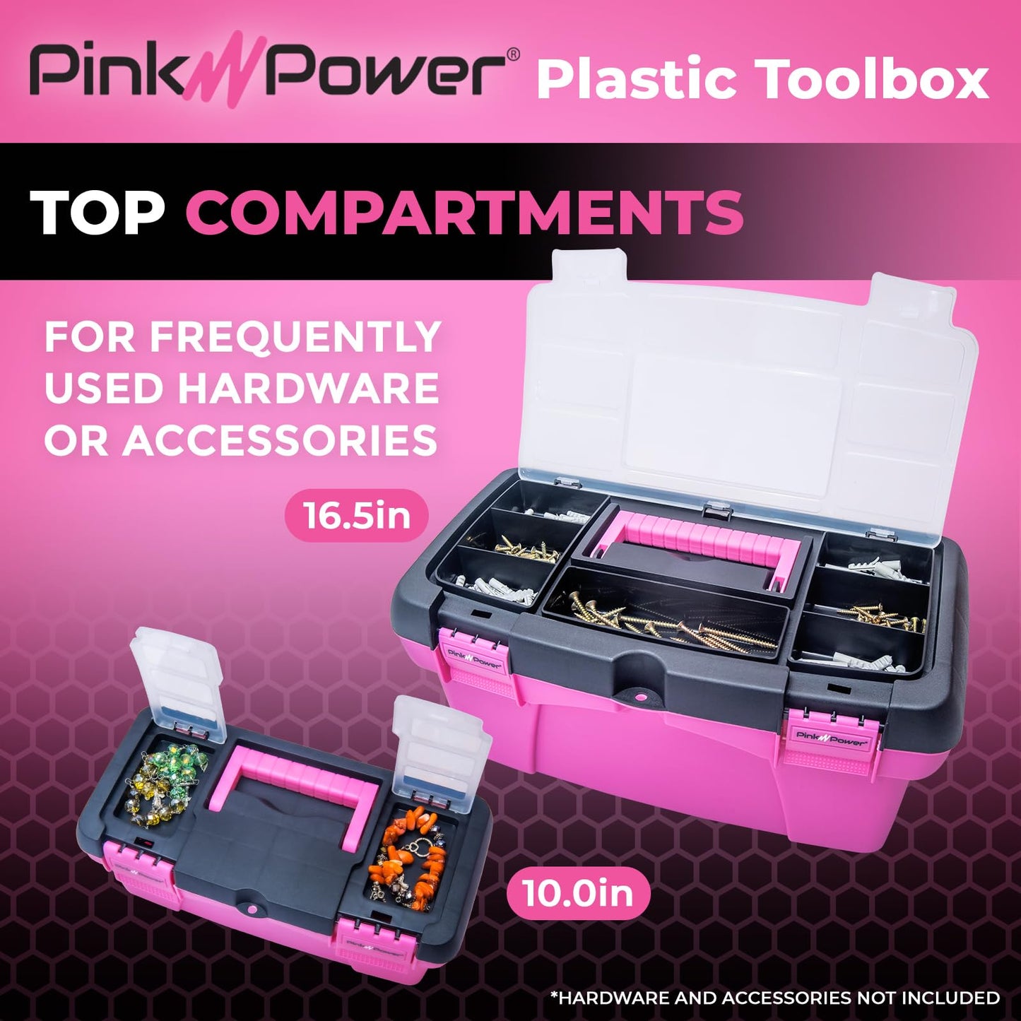 Pink Tool Box for Women - Sewing, Art & Craft Organizer Small & Large Plastic Tool Box with Handle - Pink Toolbox Sewing Tool Storage Box - Portable Mini Locking Tool Boxes (2 Pack)