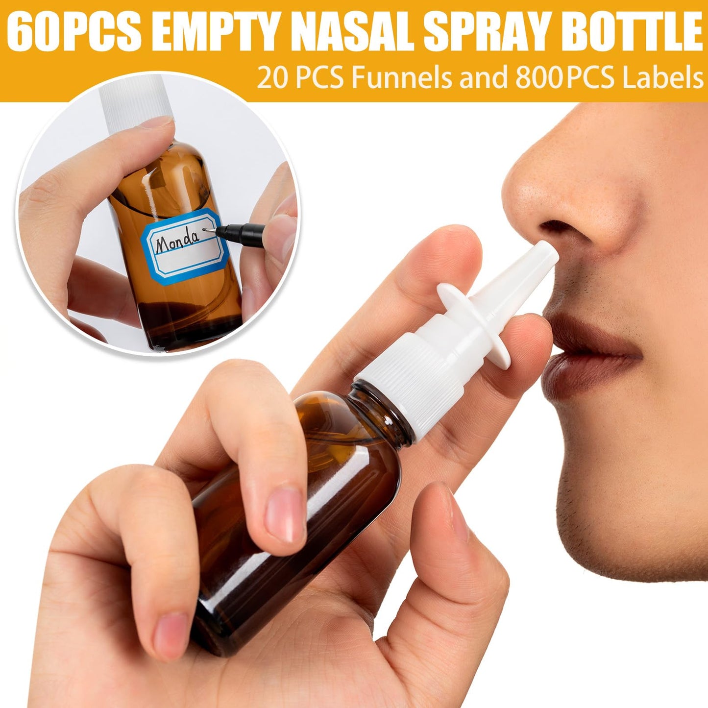 ZHWKMYP 100 Pcs Nasal Spray Bottle, 1OZ/30ML Brown Empty Refillable Nasal Spray Bottles Glass with 20 Funnels and 20 Labels