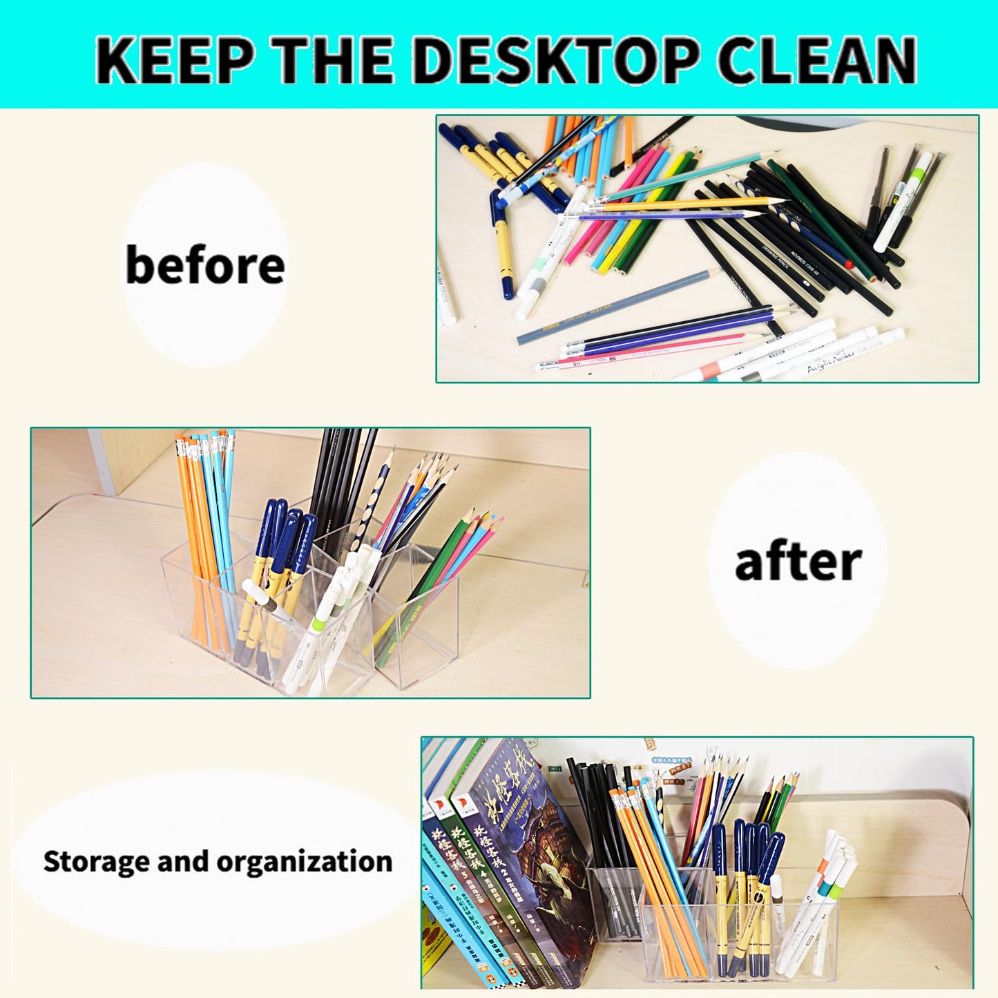 eastbao 4 Pcs Clear Pen Holder for desk cute office supplies,Stationery and makeup brush organizer,Clear Desktop Pencil Cup with 3 Compartments