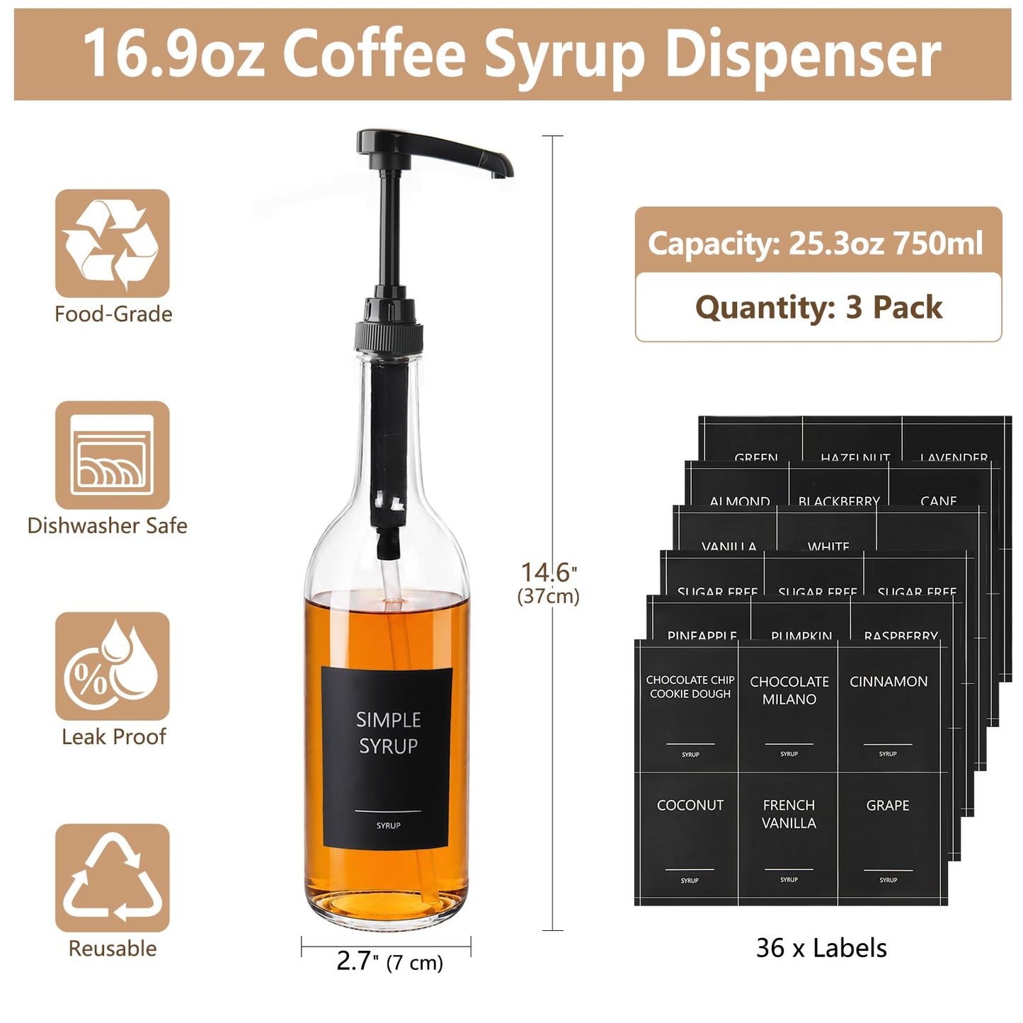 BPFY 3-Pack 25oz/750ml Round Glass Coffee Syrup Dispenser with Black Pump
