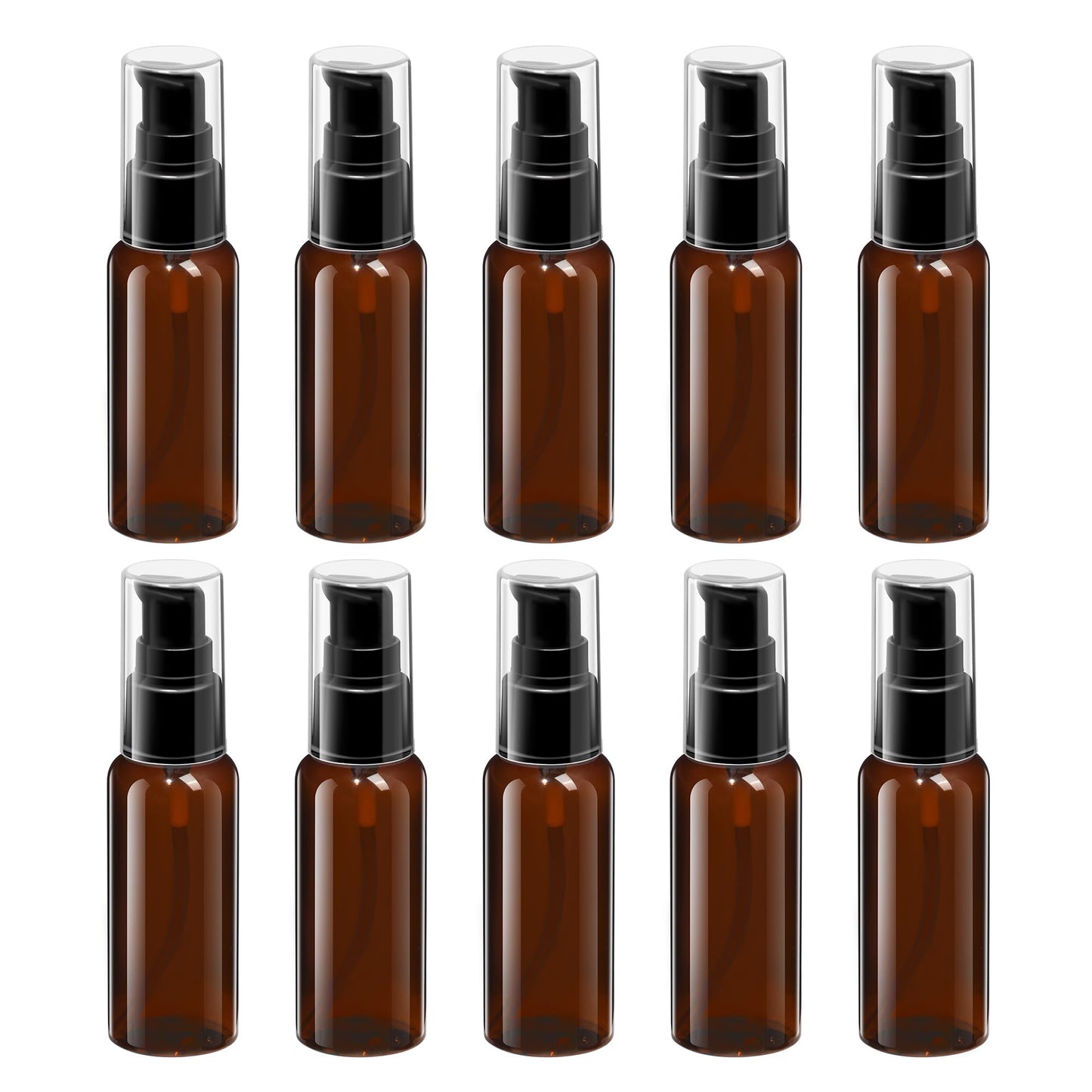 VIDELLY 10 Pieces Travel Bottles Pump Bottles Dispenser 2oz/50ml Plastic Lotion Pump Bottle Clear Travel Toiletry Bottle Empty Spray Bottle with Black Cap for Lotion Cream Essential Oil(Brown)
