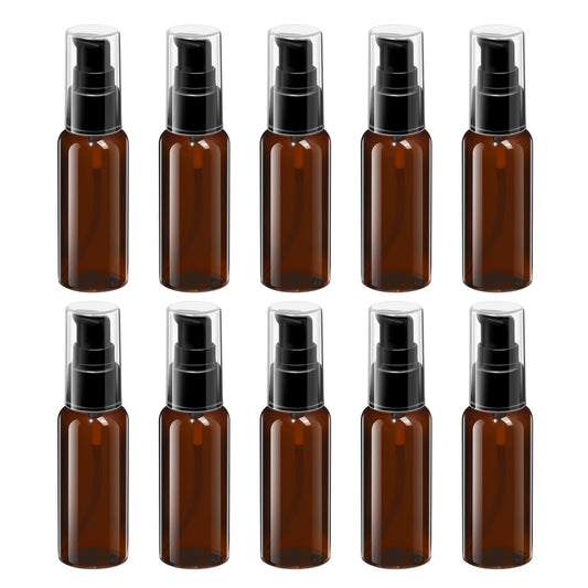 VIDELLY 10 Pieces Travel Bottles Pump Bottles Dispenser 2oz/50ml Plastic Lotion Pump Bottle Clear Travel Toiletry Bottle Empty Spray Bottle with Black Cap for Lotion Cream Essential Oil(Brown)