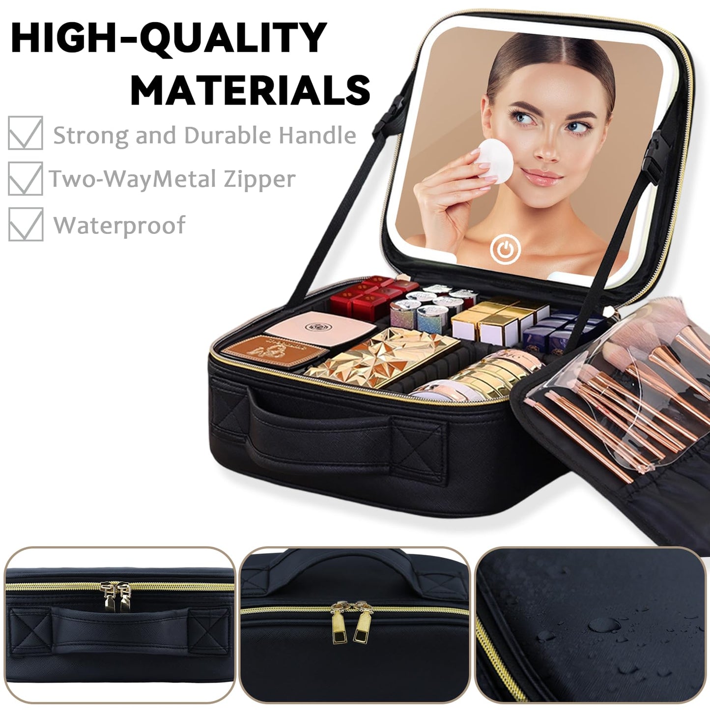 MELSYLODY Makeup Bag with LED Mirror, Three-level Adjustable Brightness, Travel Makeup Case with Removable Lighted Mirror, Adjustable Dividers and Brush Storage Board
