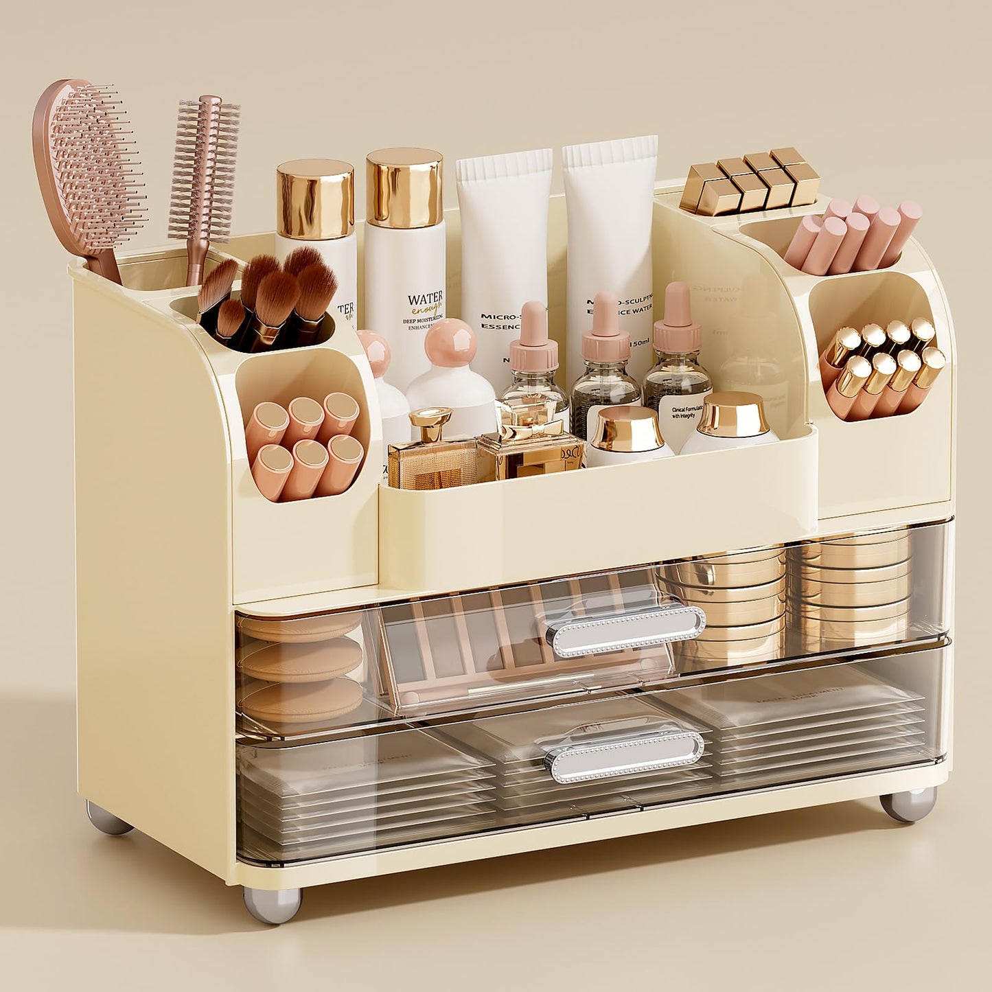 UFORU Makeup Organizer for Vanity with 2 Large Drawers, Cosmetic Display Case with Brush Holders, Easy to Storage for Bathroom Countertop Skincare, Perfume, Cream White