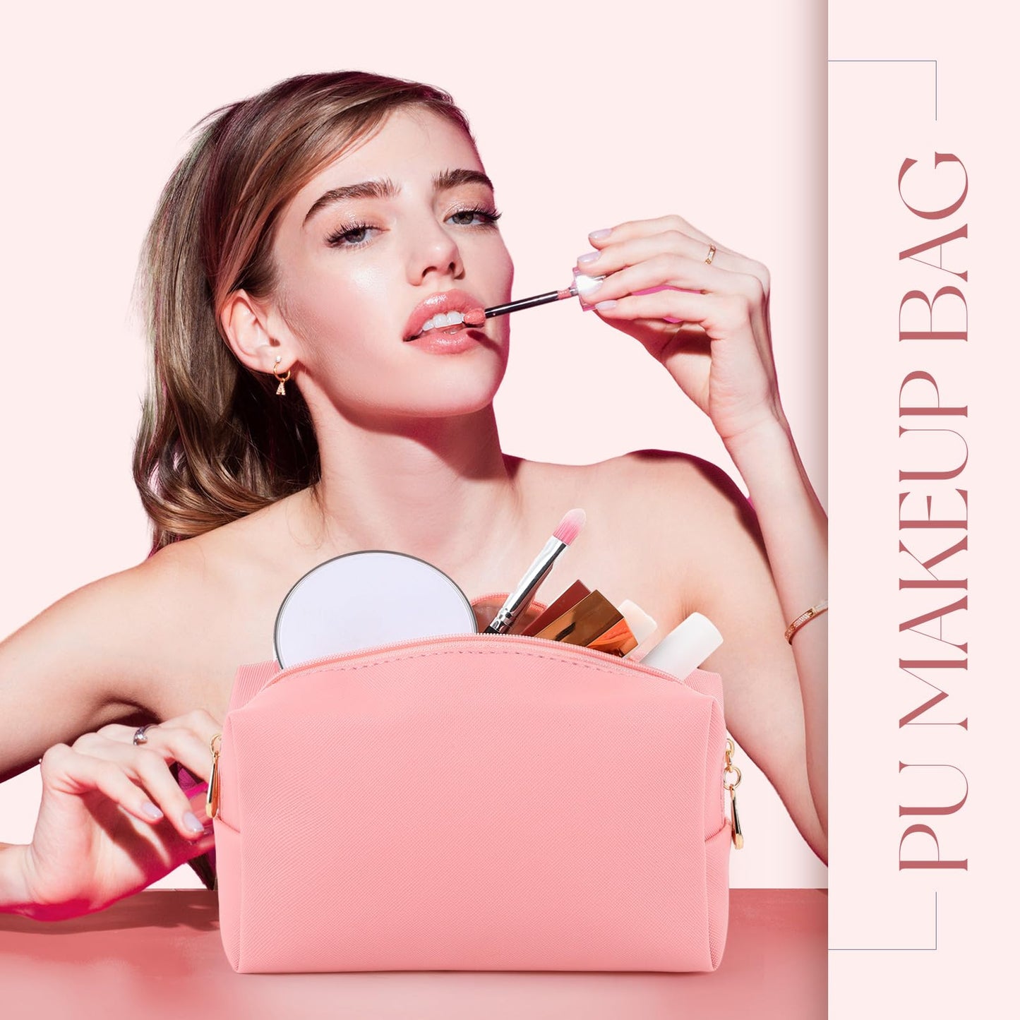 Kigeli Aesthetic Makeup Bags PU Leather Cosmetic Pouches Waterproof Plain Toiletry Bags Makeup Pouches Bulk for Women Party Gift Travel Storage Organizer(Pink Series,7.1 x 2.8 x 4.3 in)