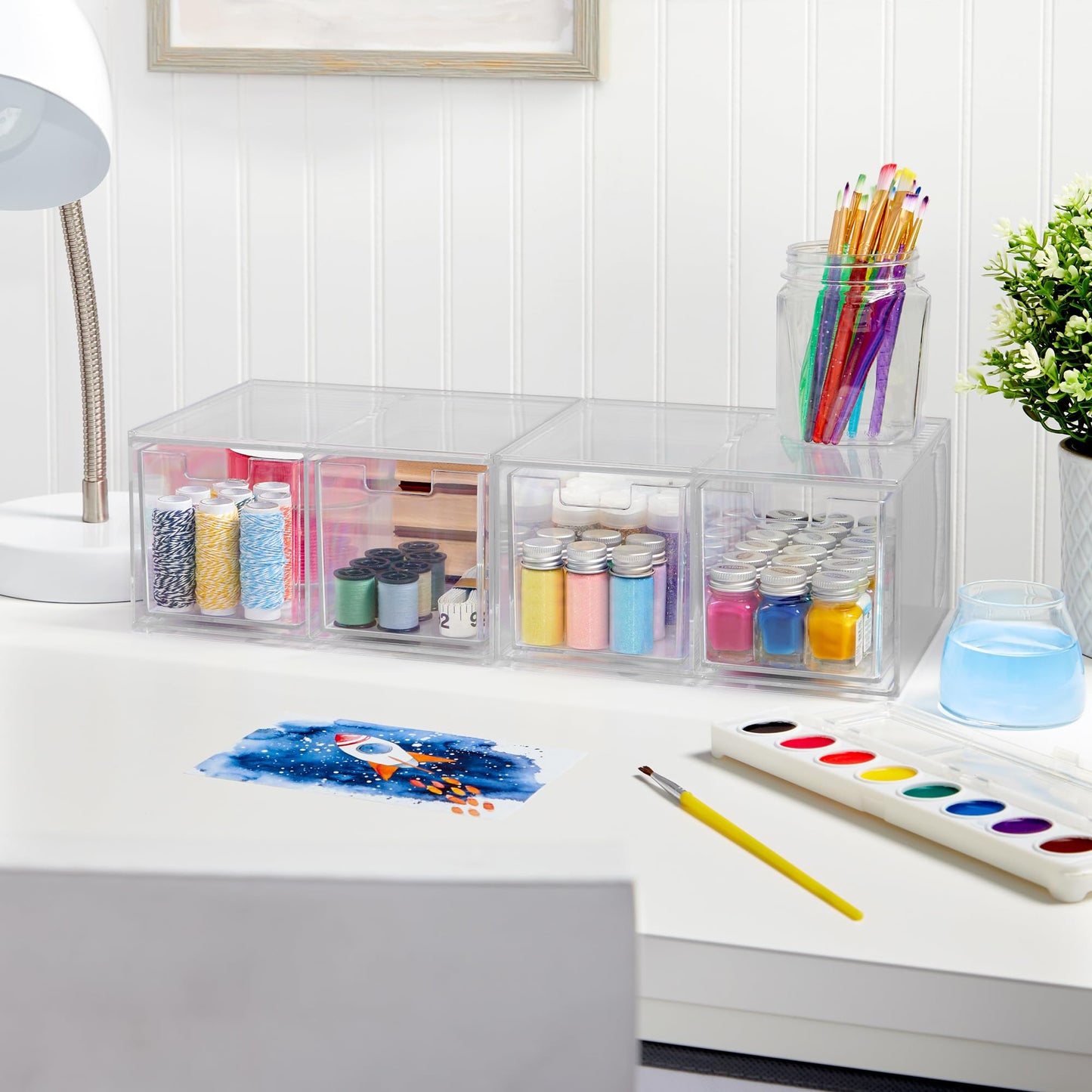 STORi Stackable Desk Organizer drawers, Clear Pen Pencil Makeup Brush drawers for Desktops and Vanities, 4 Tall Drawers (Made in USA)