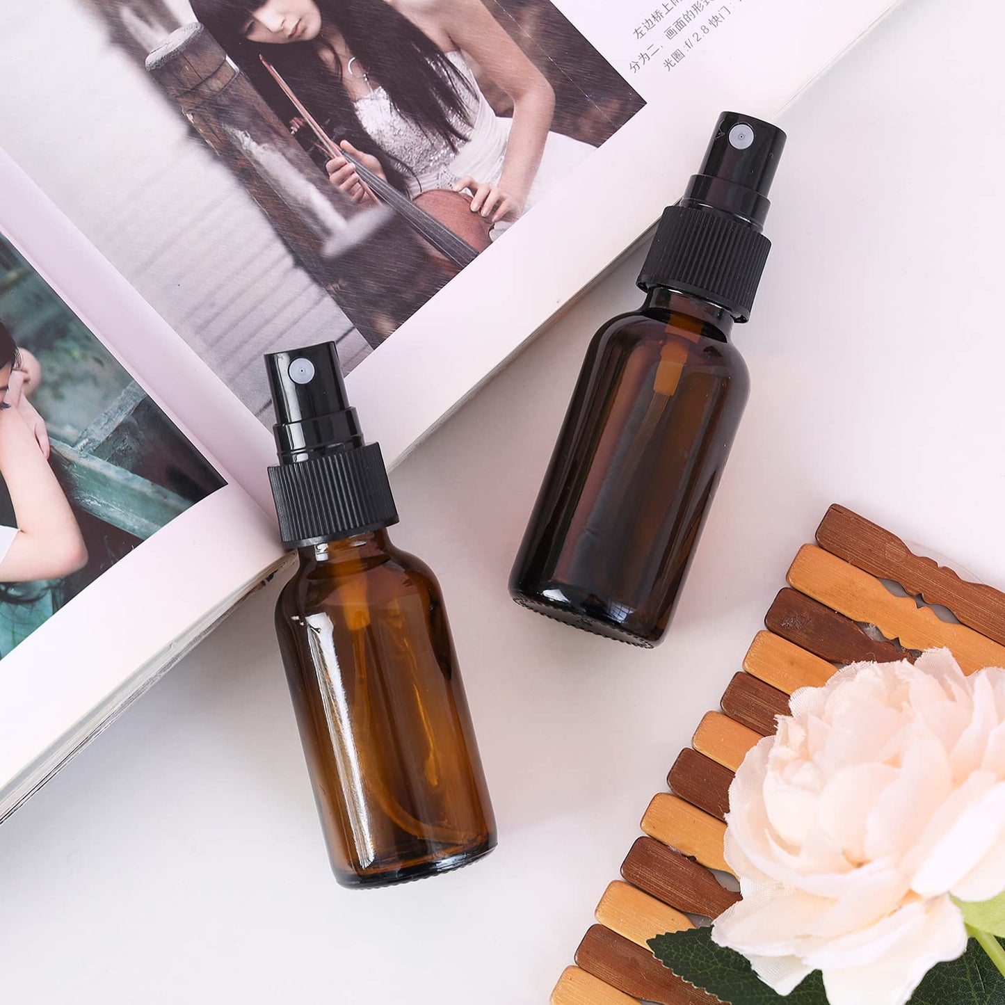 YONKAN 2oz Glass Spray Bottle, Fine Mist Boston Glass Bottles with Black Fine Mist Sprayer Small Clear Bottles for Essential Oils, Bath, Beauty, Hair & Cleaning, Amber, Pack of 48