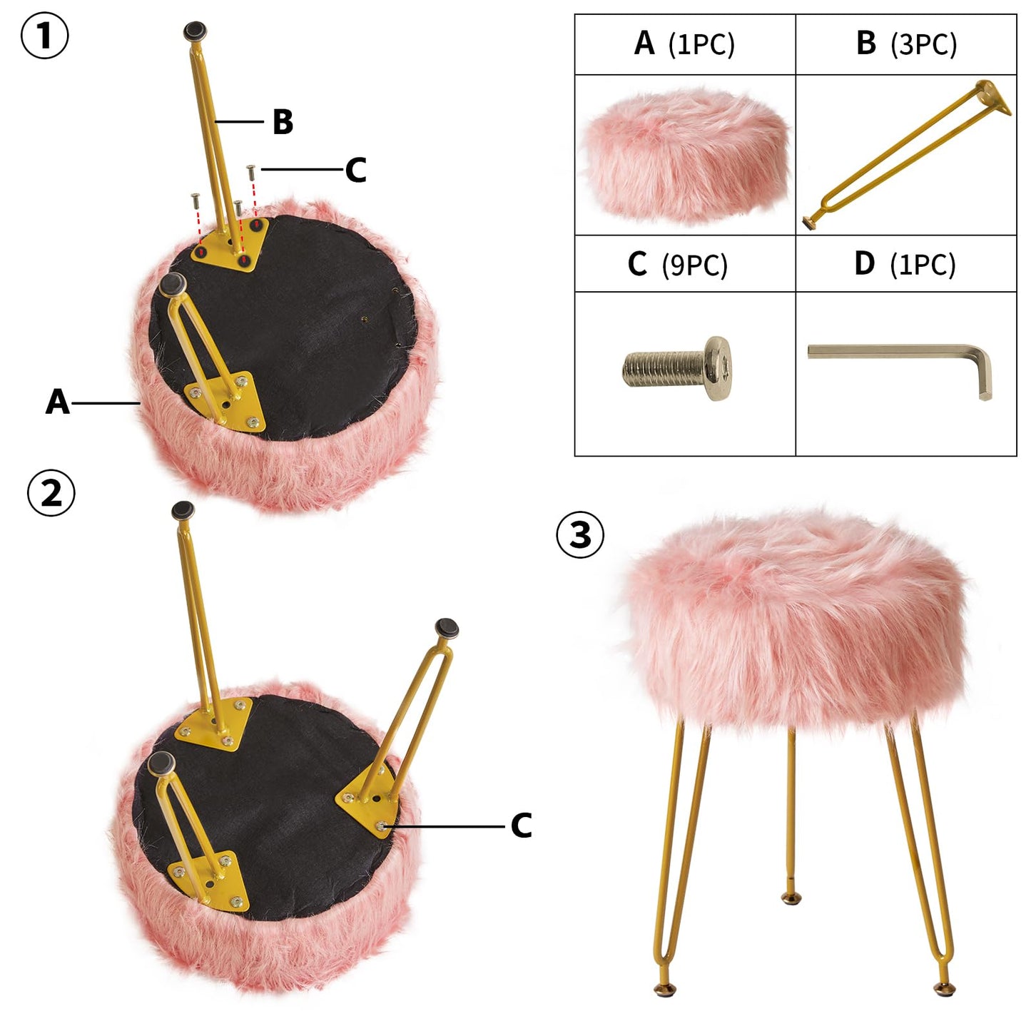 IBUYKE Faux Fur Vanity Stool Chair, Furry Makeup Stool Ottoman, Soft Padded Seat, Round Footrest Footstools with 4 Metal Legs, for Living Room Bedroom Entryway, Pink LG-32P