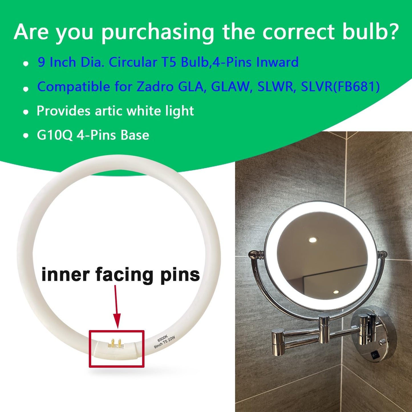 Calutite 9 Inch Dia. Circular T5 Bulb, 22W Fluorescent Daylight, Replacement for Zadro GLA, GLAW, SLWR, SLVR Makeup Mirror FB681,Inward 4 Pin Connector,6500K