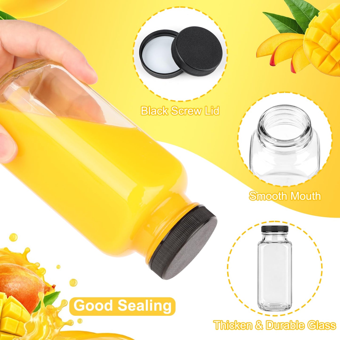 GUANENA 6 Pack Glass Drink Bottles, 8.5 OZ Vintage Square Water Bottles with Lids, Juice Bottles Beverages Containers for Milk, Kombucha, Smoothies