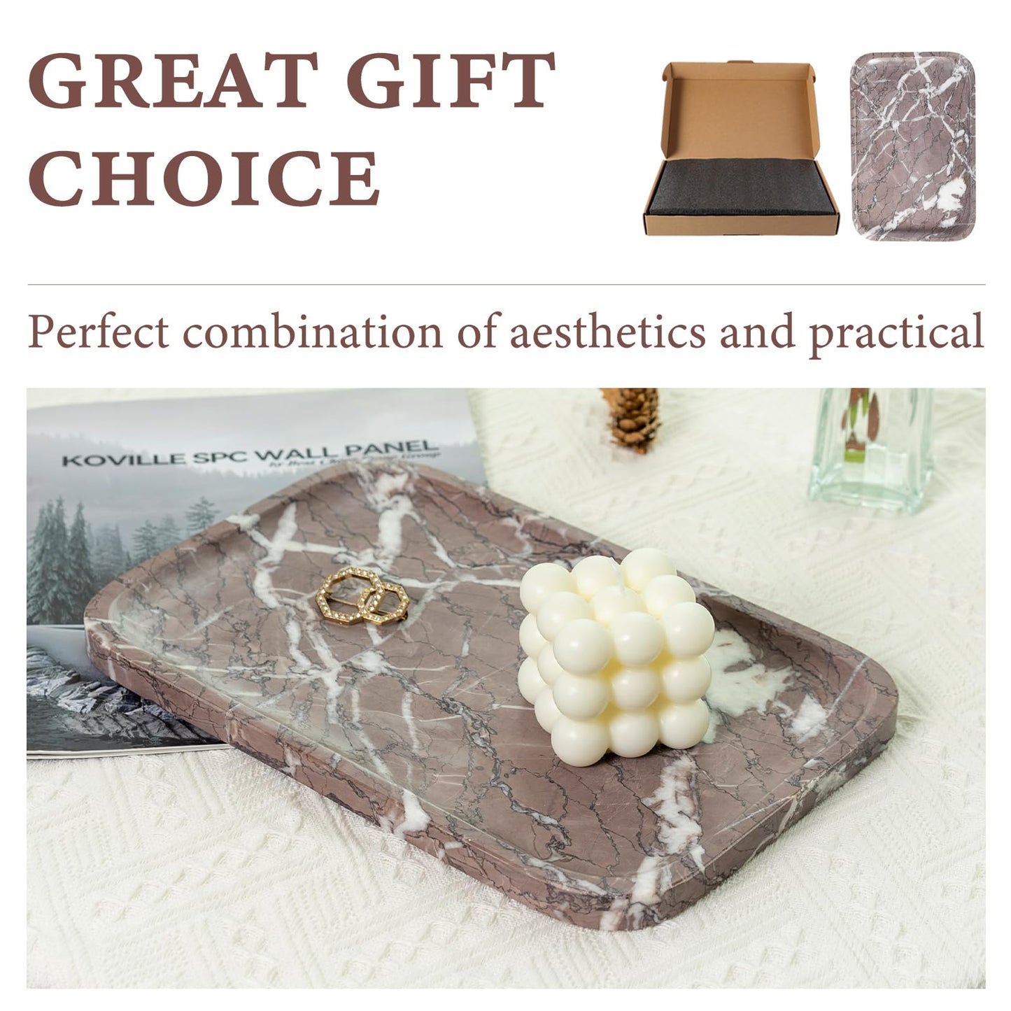 Koville Marble Tray, 12"x8" Marble Vanity Tray for Countertop Bathroom Kitchen Dresser, Decorative Catchall Trays for Perfume Jewelry, Rectangular Stone Serving Tray(Purple)
