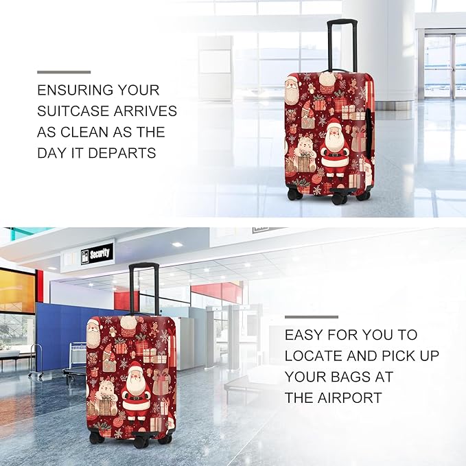 Allover Christmas Luggage Cover - Red Background with Santa, Gifts and Snowmen Pattern, Dense Holiday Design for 32 34 Inch Travel Bag