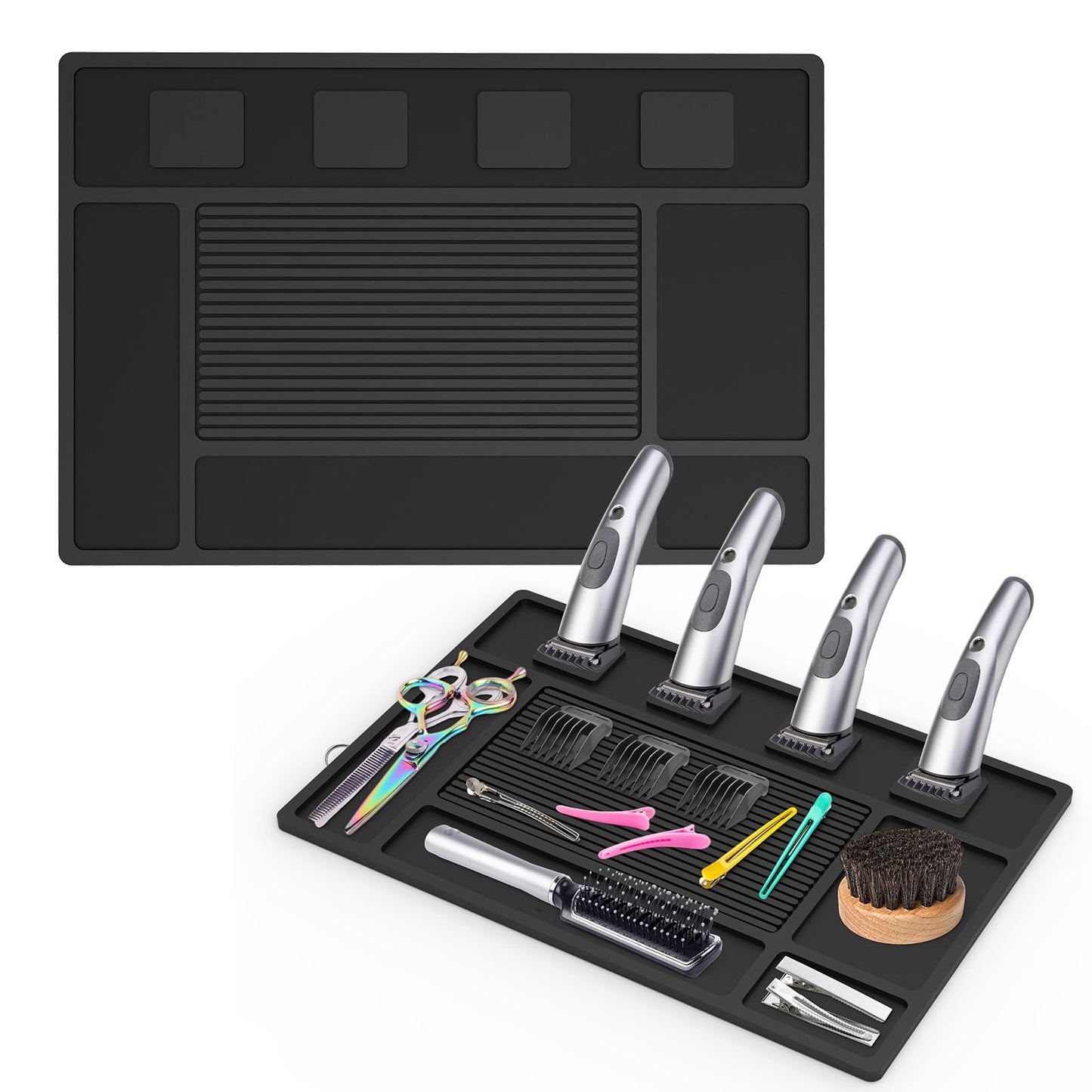 Magnetic Barber Mat for Clippers,Station Barber Tool Organizer Mat Rubber for Scissors Salon Barber shop Beauty Tools with 4 Slots Flexible Silicone Barber Pad Non-Slip Professional Barber Accessories