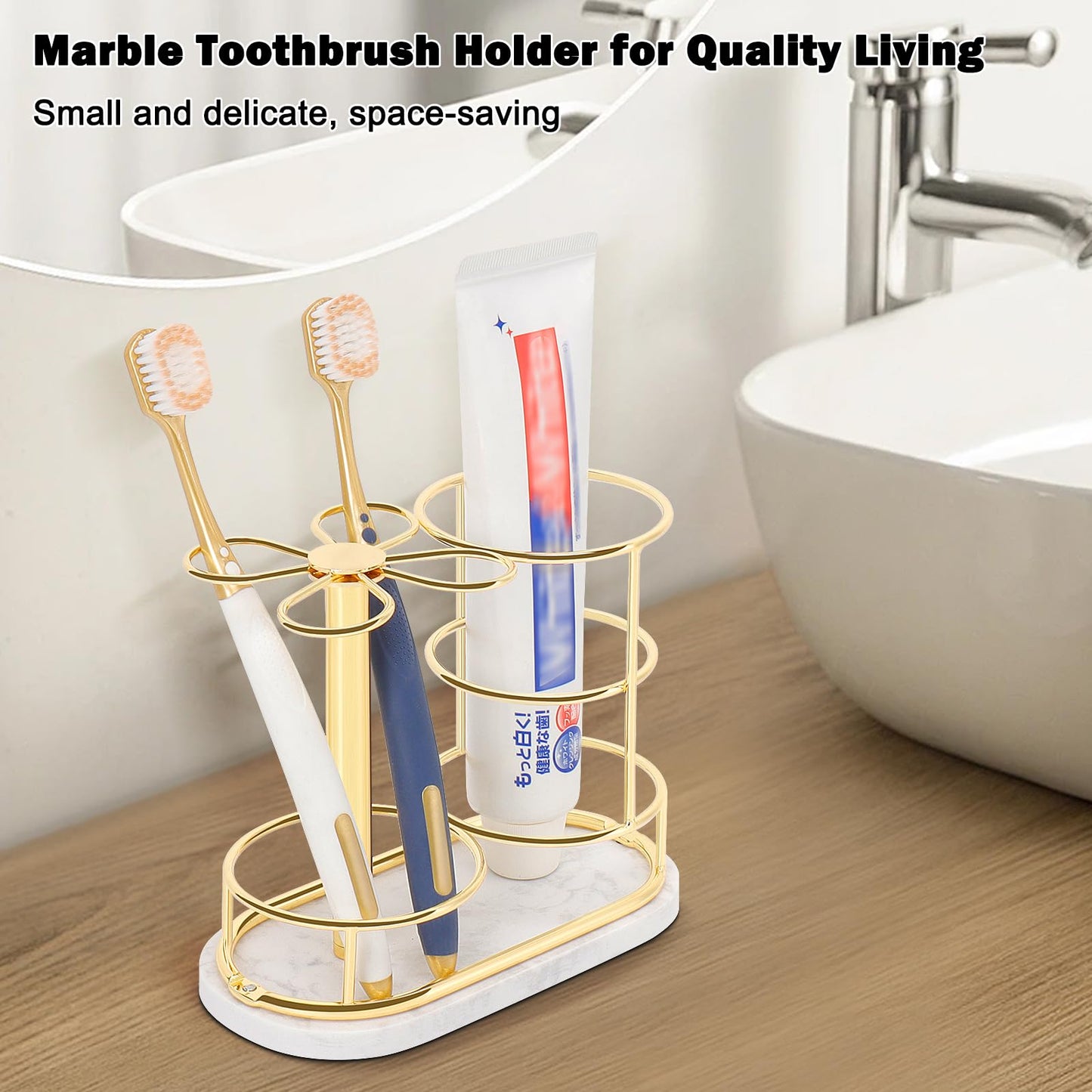 HarJue Toothbrush Holder Stand for Bathroom, Metal Toothbrush Organizer with Marble Base, Toothbrush Storage Collection for Family, Suitable for Home Hotel Countertop Vanity (Medium, Gold)